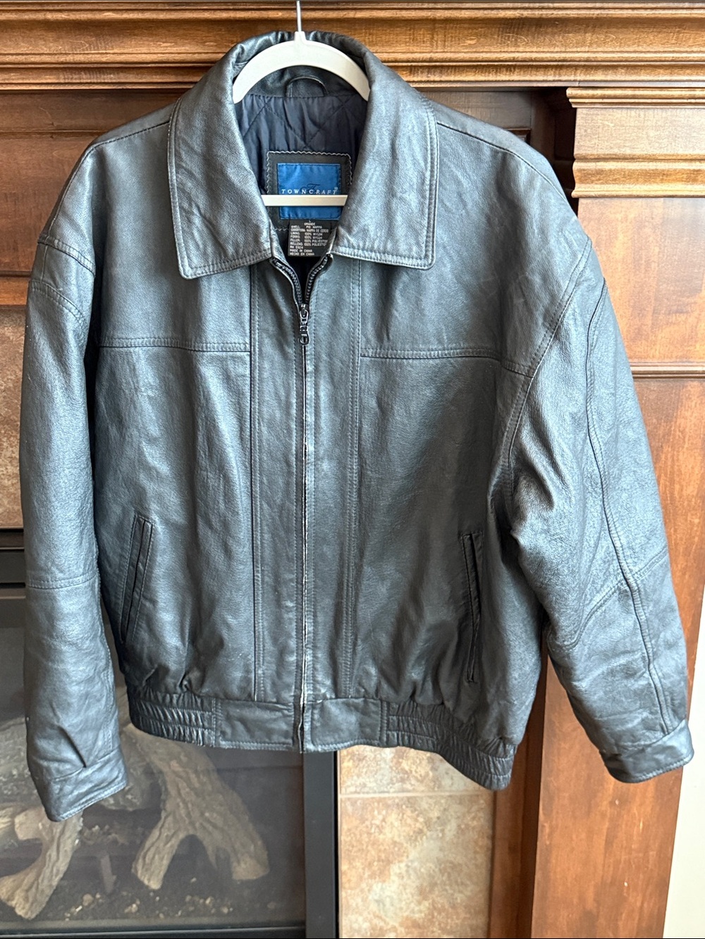 Beautifully worn in distressed black leather bomber jacket Biker Classic Large